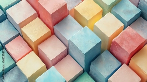 Fototapeta Artistic arrangement of pastel-colored cubes in a textured geometric pattern.