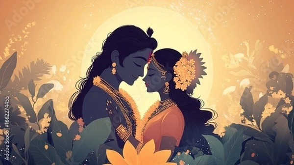 Fototapeta Artistic depiction of Lord Krishna and Radha, Hindu deities embracing each other.