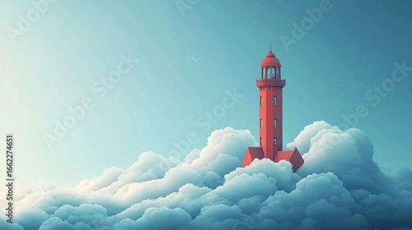 Fototapeta Artistic Tower Illustration, Minimalist Design with Soft Clouds.