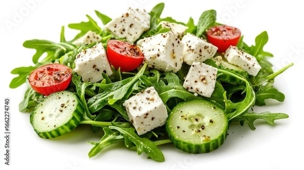 Fototapeta Arugula Salad with Feta and Cucumber: A fresh arugula salad, topped with creamy feta and crisp cucumber slices, offering a colorful and textured mix, isolated on transparent background.
