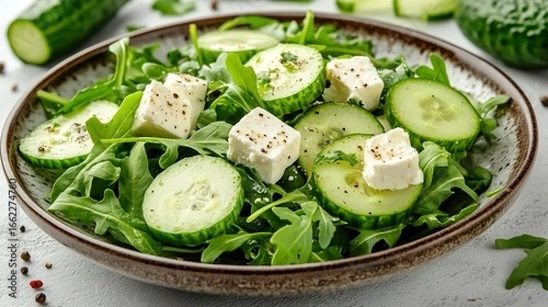 Fototapeta Arugula Salad with Feta and Cucumber: A fresh arugula salad, topped with creamy feta and crisp cucumber slices, offering a colorful and textured mix, isolated on transparent background.