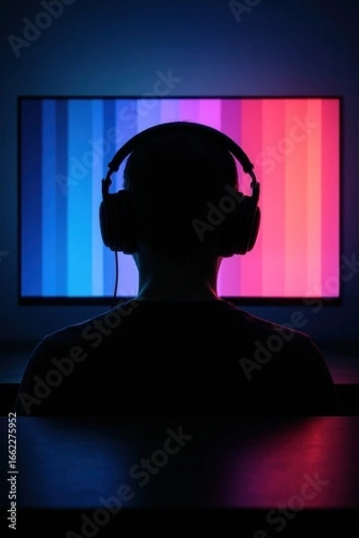 Fototapeta Silhouette of person with headphones facing colorful screen in dark room