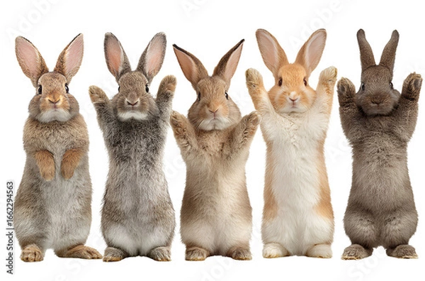 Fototapeta  Five rabbits standing on their hind legs, each rabbit is a different color, and one of them has its paws raised in the air, as if cheering for something. 