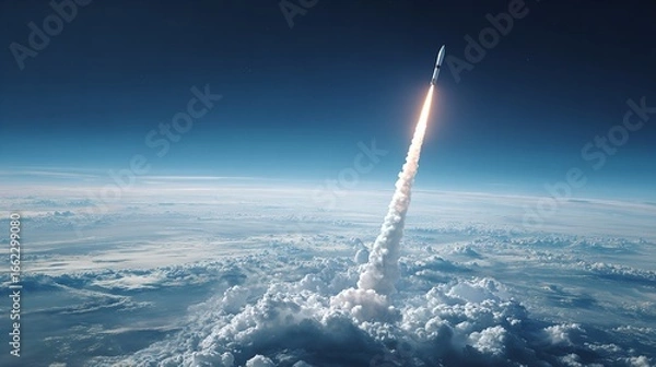 Obraz Dramatic rocket launch piercing a blanket of clouds with a backdrop of deep blue sky