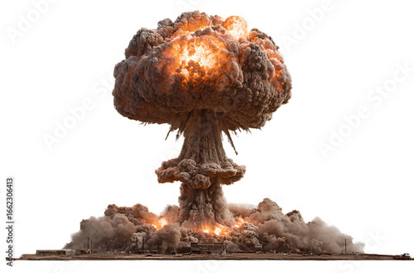 Fototapeta Nuclear explosion isolated on a transparent background, PNG file. A nuclear bomb's mushroom cloud explosion