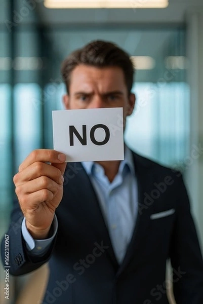 Obraz A Man Holding a Card Clearly Displaying the Word 'No,' Symbolizing Rejection and Assertiveness in a Professional Setting