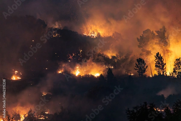 Obraz Forest Engulfed in Flames and Smoke During Nighttime Wildfire