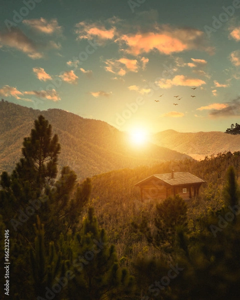 Fototapeta A serene mountain landscape at sunset with a cabin and pine trees.
