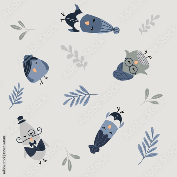 Obraz Seamless pattern tile with funny, Fashionable Birds in Costumes. Cute Vector pattern 
