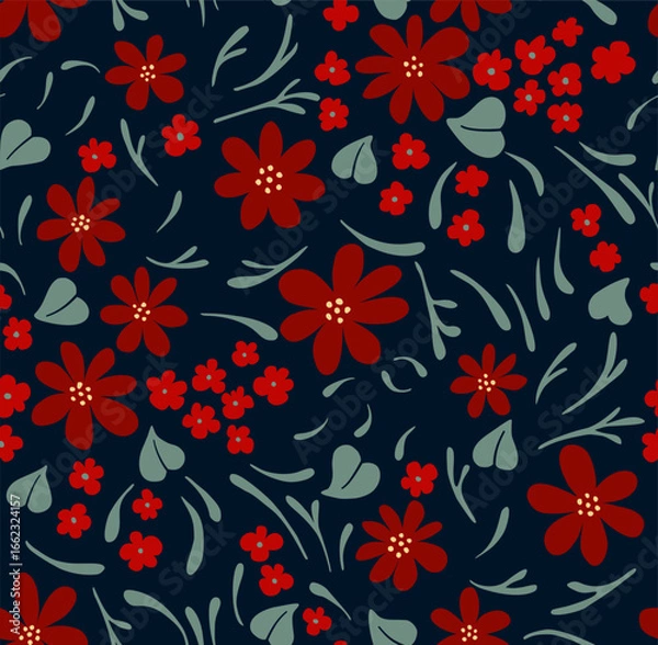 Obraz Pattern  repeat red flowers on navy background with green leaves. Flowery pattern. 