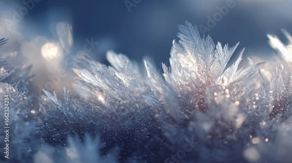 Fototapeta Close up of sparkling ice crystals glistening in sunlight, creating a magical winter scene