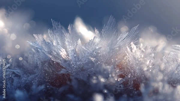 Fototapeta Macro photograph of ice crystals sparkling in the sun, creating a beautiful bokeh effect