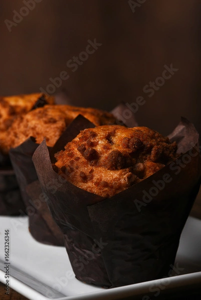 Obraz Three fresh baked coffee cake muffins on a white platter.