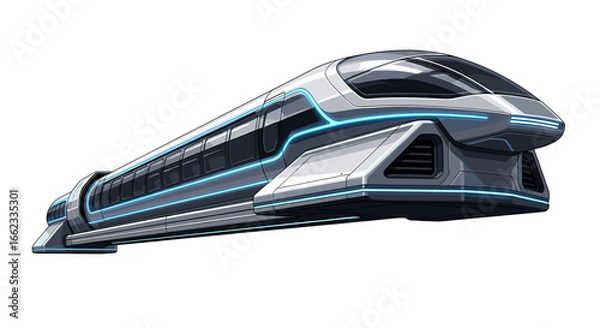 Fototapeta Illustration of a futuristic high speed train with sleek silver design and blue neon accents on a white background on transparent background