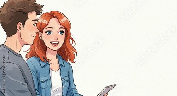 Fototapeta safe conversation between friends. Young couple smiling and looking at tablet while standing together  