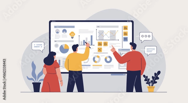 Fototapeta Data analysis presentation office space digital infographics collaborative environment group perspective insights sharing. Vector illustration