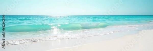 Fototapeta Soft white sand, gentle waves, hazy ocean backdrop , background, day, bright