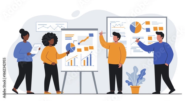 Fototapeta Team collaboration in business presentation office infographic professional environment group viewpoint strategy development. Vector illustration