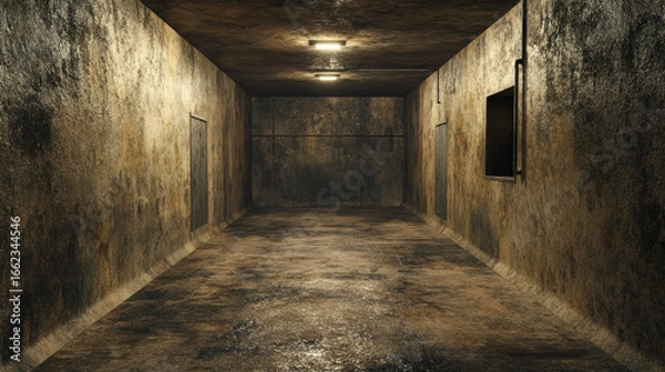 Fototapeta Minimalist dark abstract interior concept featuring an underground studio, hallway, parking area, bunker, and basement bomb shelter. 3D rendered illustration