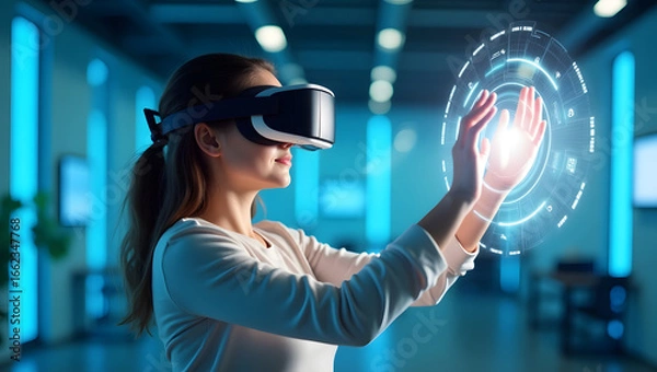 Fototapeta Woman wearing virtual reality headset interacting with futuristic digital interface, exploring immersive technology, augmented reality, innovation, and holographic user experience.