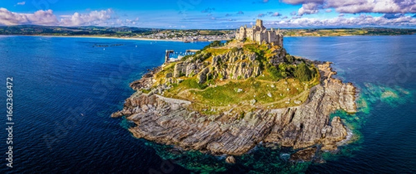 Fototapeta Aerial view of St Michael’s Mount island with harbor, boats, and castle