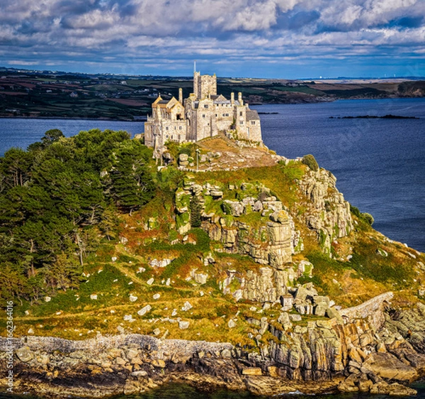 Fototapeta Aerial view of St Michael’s Mount island with harbor, boats, and castle