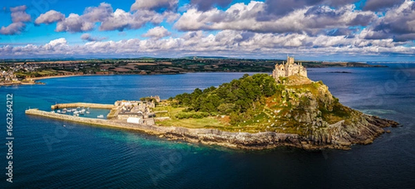 Fototapeta Aerial view of St Michael’s Mount island with harbor, boats, and castle