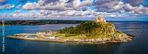 Fototapeta Aerial view of St Michael’s Mount island with harbor, boats, and castle