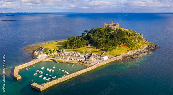 Fototapeta Aerial view of St Michael’s Mount island with harbor, boats, and castle