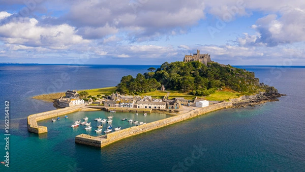 Fototapeta Aerial view of St Michael’s Mount island with harbor, boats, and castle