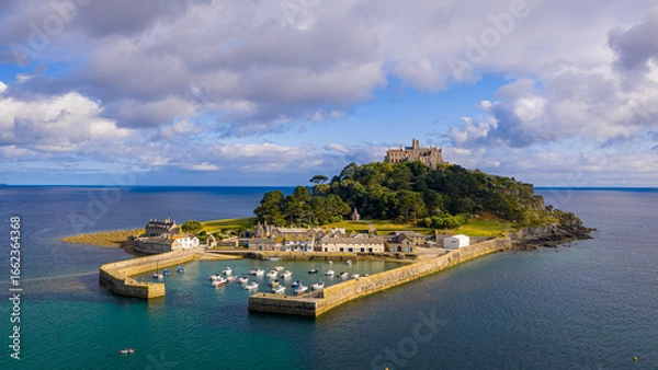 Fototapeta Aerial view of St Michael’s Mount island with harbor, boats, and castle