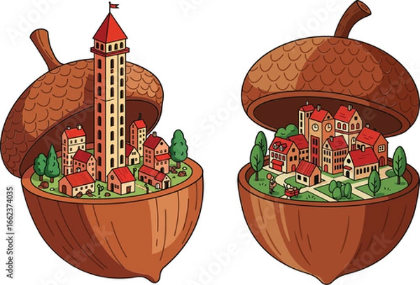 Fototapeta Acorn shaped miniature village with tiny houses and tall tower detailed fantasy nature design vector illustration