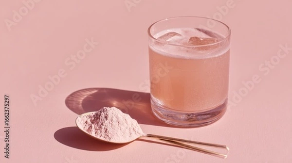 Fototapeta Stunning photo of pink collagen powder with scoop and glass of mixed drink on pink background.