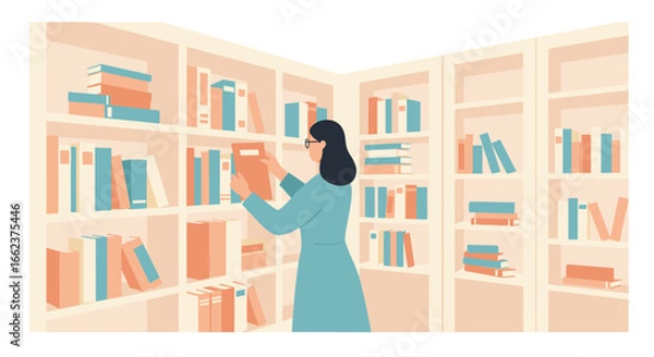 Fototapeta Book organization in a cozy library home interior illustration warm atmosphere eye-level view knowledge and learning. Vector illustration