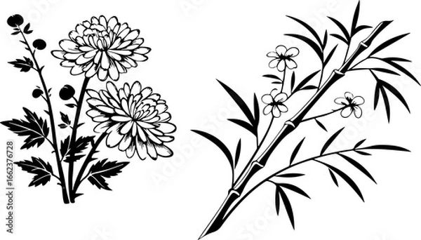 Obraz Bamboo forest silhouette with chrysanthemum blossoms vector