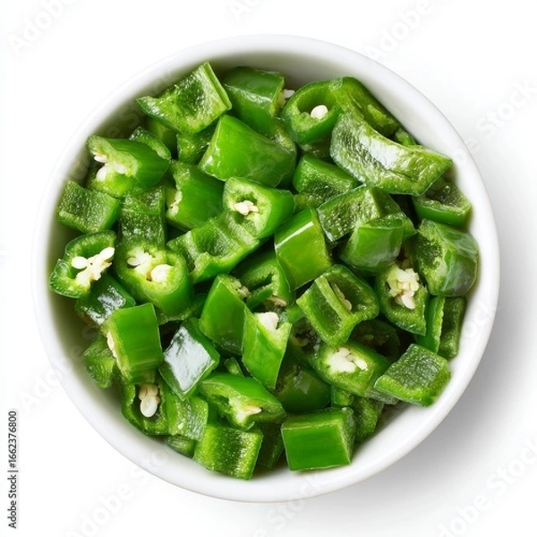 Fototapeta Close-up shot of chopped green chili peppers in a white bowl, highlighting the vibrant color and freshness