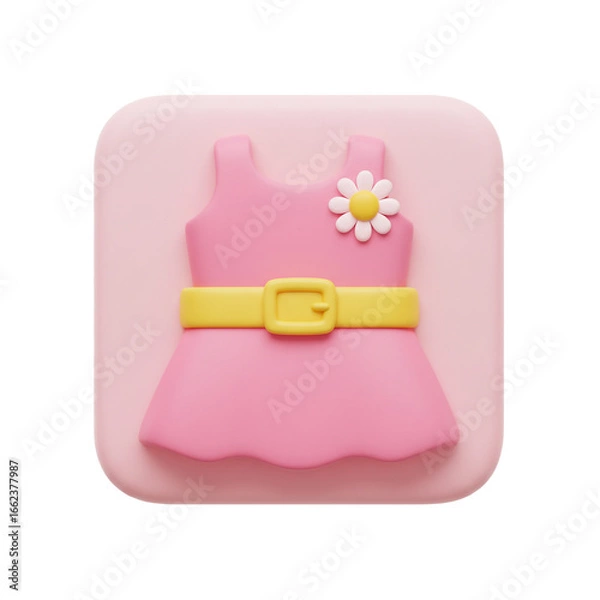 Fototapeta A charming, three-dimensional rendering showcases a delightful pink dress, accentuated by a yellow belt and a delicate floral embellishment, set against a soft pink backdrop.