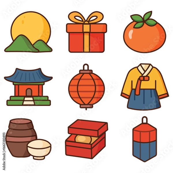 Obraz Set of icon for Chuseok festival. Korean Harvest Moon Festival Artwork