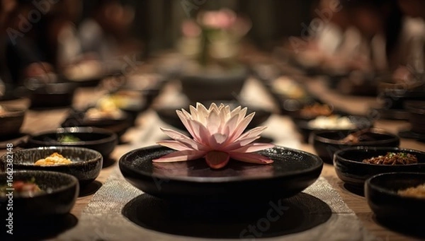 Obraz Lotus flower atop black plates surrounded by neatly arranged bowls of food on table, blurred background with peaceful diners