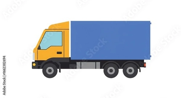 Fototapeta Flat design illustration of a commercial delivery truck, featuring a yellow cab and a blue cargo box, symbolizing logistics, shipping, and freight transportation services