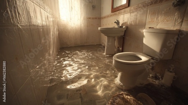Fototapeta Beautiful photo of bathroom Plumbing Emergency: Overflowing Toilet and Sink - A flooded bathroom with overflowing toilet and sink, showing water damage on the floor. Needs urgent.