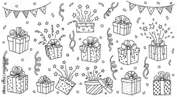 Fototapeta Festive Line Art Collection of Celebration Elements Featuring Gift Boxes, Confetti, and Bunting Banners for Holiday-Themed Designs and Creative Projects