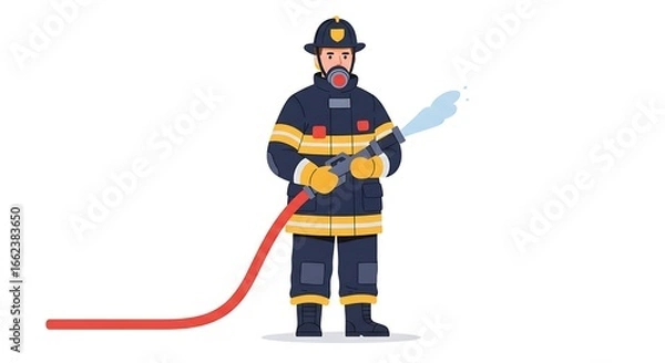 Fototapeta Professional firefighter in full protective gear with a breathing mask holding a high-pressure water hose. Vector illustration of an emergency first responder