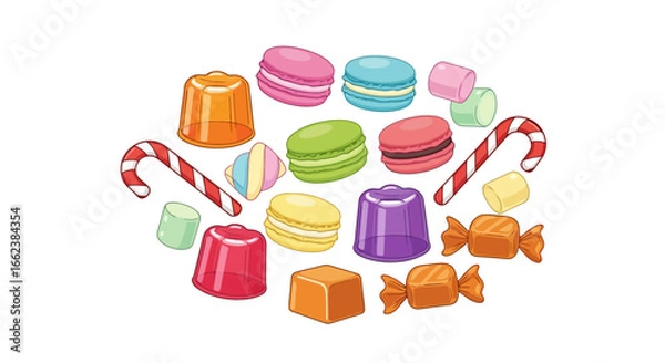 Fototapeta Colorful assortment of candy and sweets arranged in a playful composition, ideal for confectionery advertising, festive designs, or children's illustrations
