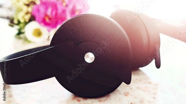 Obraz Close-up of sleek black over-ear headphones resting on a marble surface, with a blurred bouquet of pink and white flowers in the background, bathed in soft, warm light