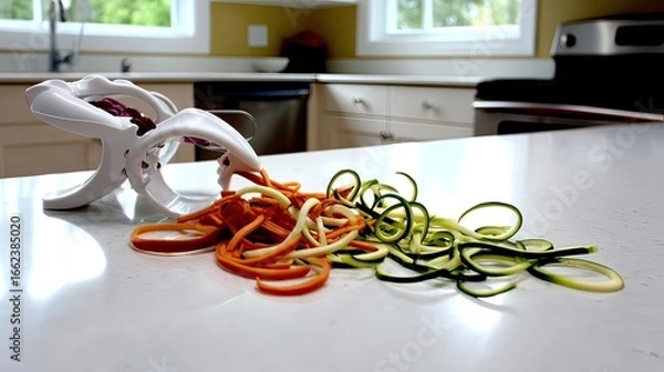 Obraz White spiralizer rests on a countertop, having just created a vibrant pile of spiraled zucchini, carrots, and purple cabbage.  The kitchen is softly blurred in the background