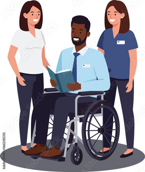 Fototapeta Diverse medical staff assisting wheelchair patient with open book in healthcare setting teamwork and support concept