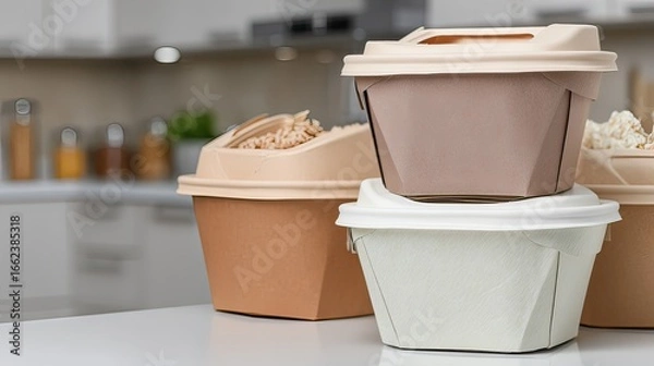 Obraz Three biodegradable food containers, varying shades of beige and white, sit on a kitchen counter, filled with uncooked noodles; a blurred kitchen background is visible