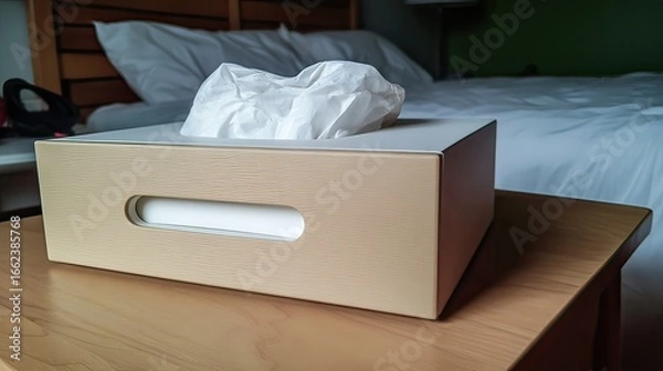 Obraz A beige tissue box with a white tissue dispensing opening sits on a light wood nightstand next to a bed with white linens.  Soft lighting casts gentle shadows