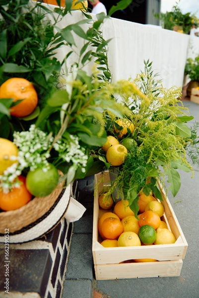 Fototapeta Wooden crate of citrus fruits with green foliage